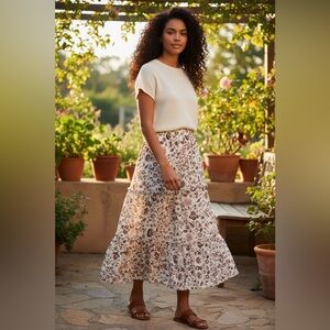 LOFT Floral Tiered Maxi Skirt in White, Rose and Burgundy